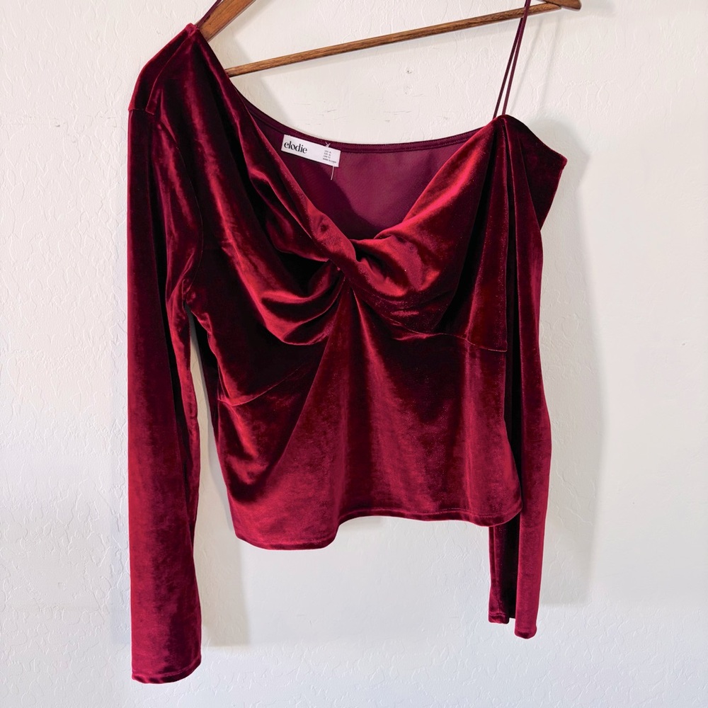Elodie Deep Burgundy Maroon Velvet Long Sleeve Off the‎ Shoulder Blouse XL